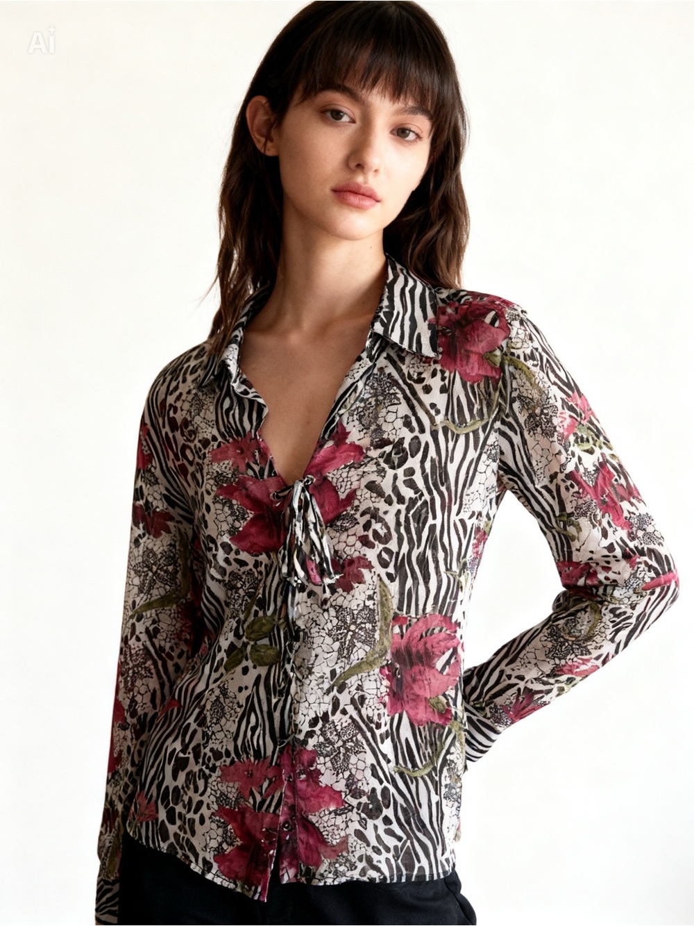 Yak Magik Vintage Zebra Floral Print Sheer Button-Up Blouse